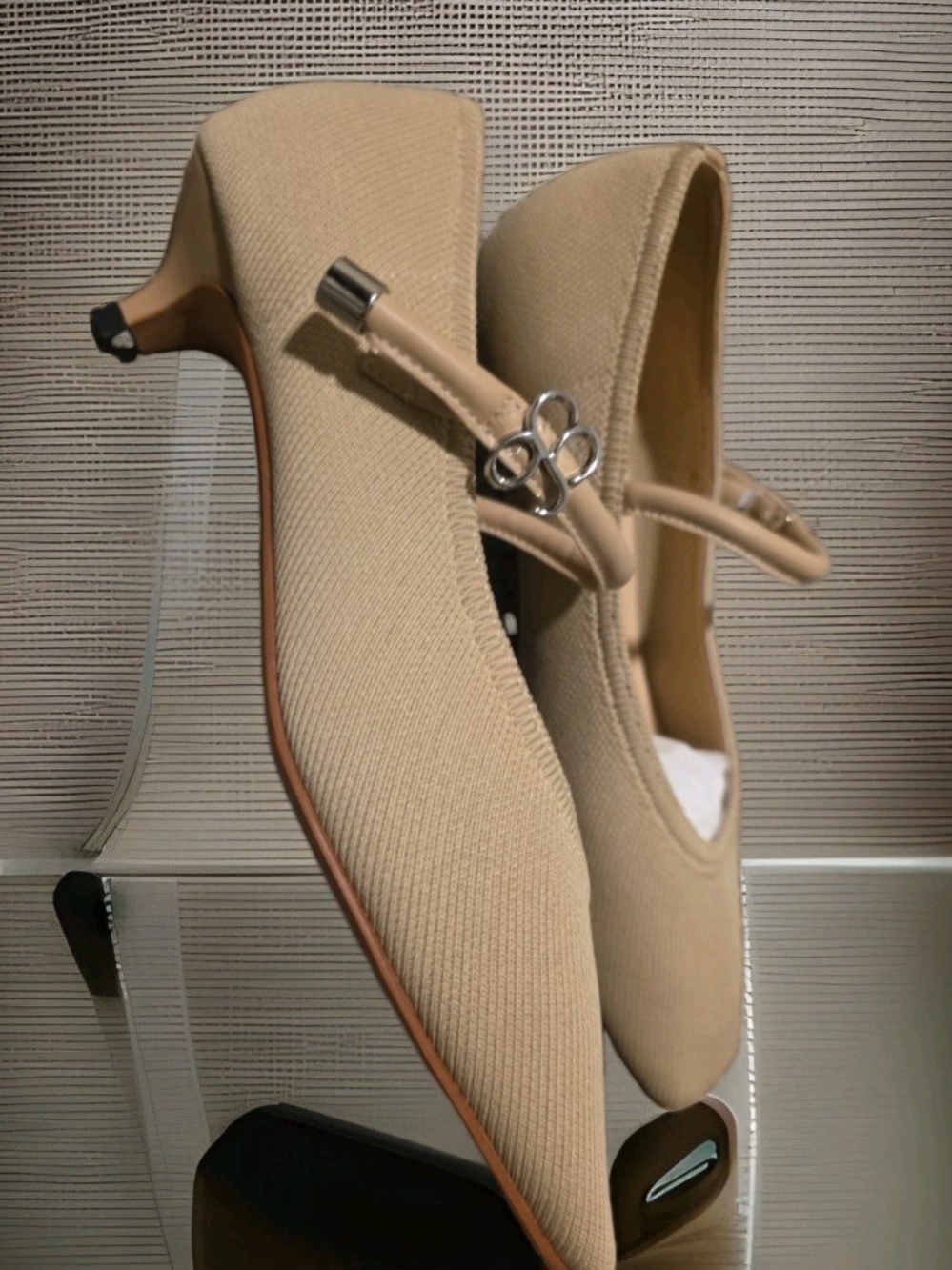 Beige Knit Mary Jane Heels with Silver Buckle